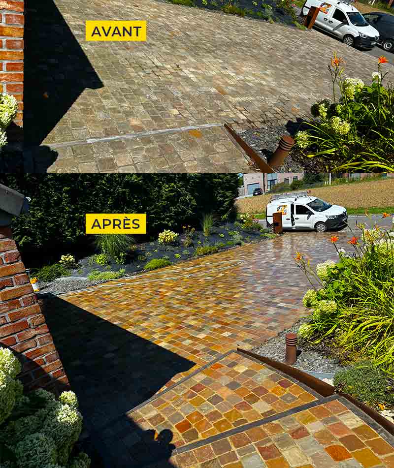 Nettoyage des extérieurs - KENAVO TOITURE - Nettoyage des extérieurs : dallage, allée, terrasse, muret, terrasse et traitement démoussage anti-mousse fongicide, algicide, anti-bactérien ... dans le Morbihan 56 et le Finistère 29